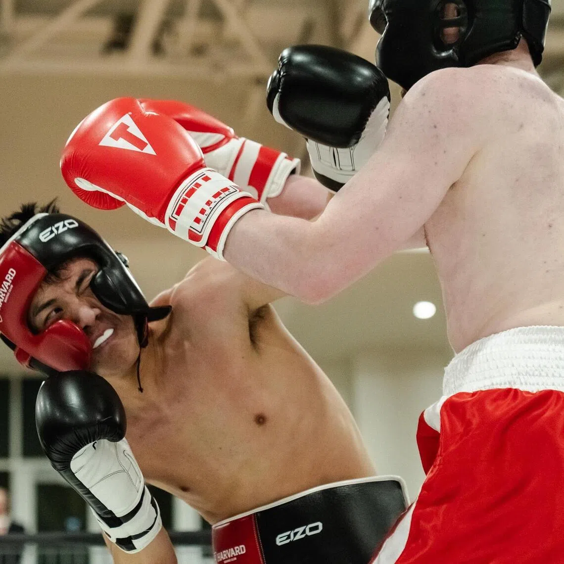 Harvard University freshman Ryan Jiang (left) trades punches with Mr Colin Brazas, a senior from the Babson Boxing Club, during a bout at Babson College in Wellesley, Massachusetts, on April 24, 2026. 