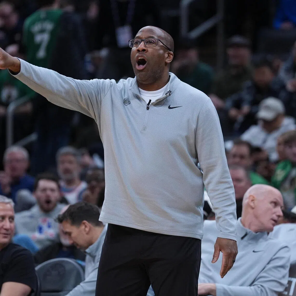 New York Knicks head coach Mike Brown gesturing from the sideline during his team's 111-89 NBA win over the Boston Celtics at TD Garden on Feb 8, 2026.