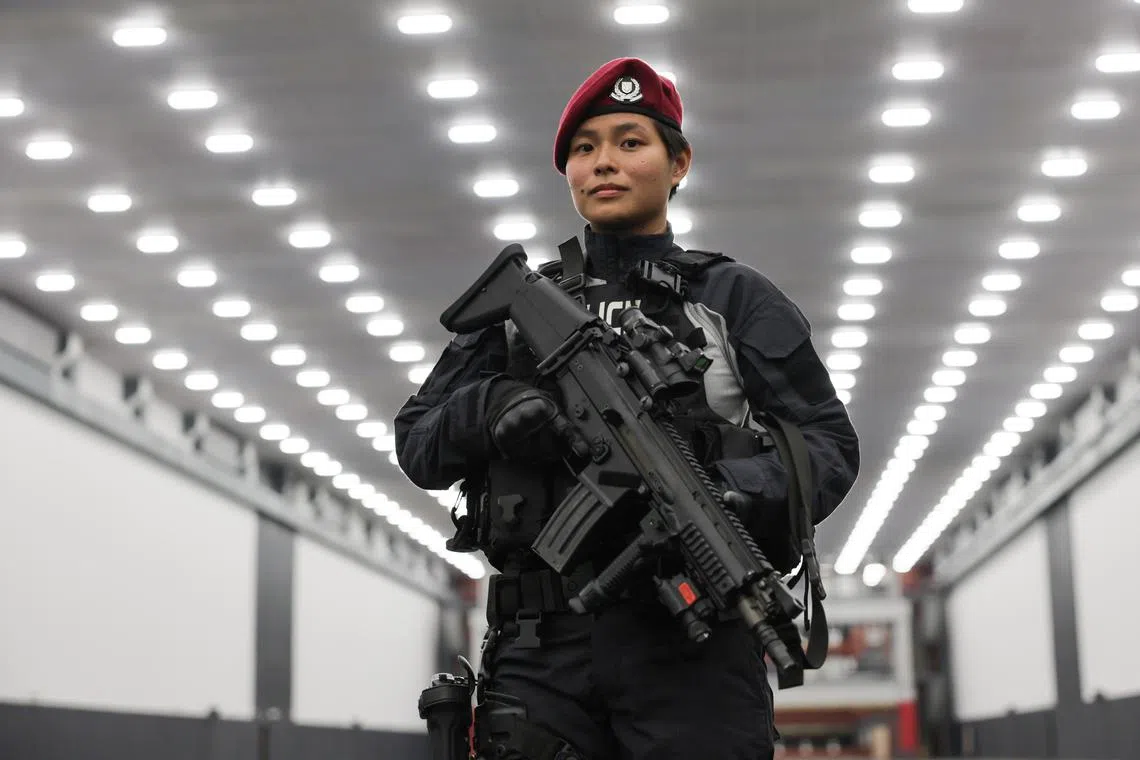 ST20240705_202456317797: Gin Tay/ thcandy/ Theresa Tan/
Profile of Assistant Superintendent of Police (ASP) Candy Ko, 32, photographed at Home Team Tactical Centre, on July 5, 2024.
She is the first female officer to complete the Police Tactical Course.