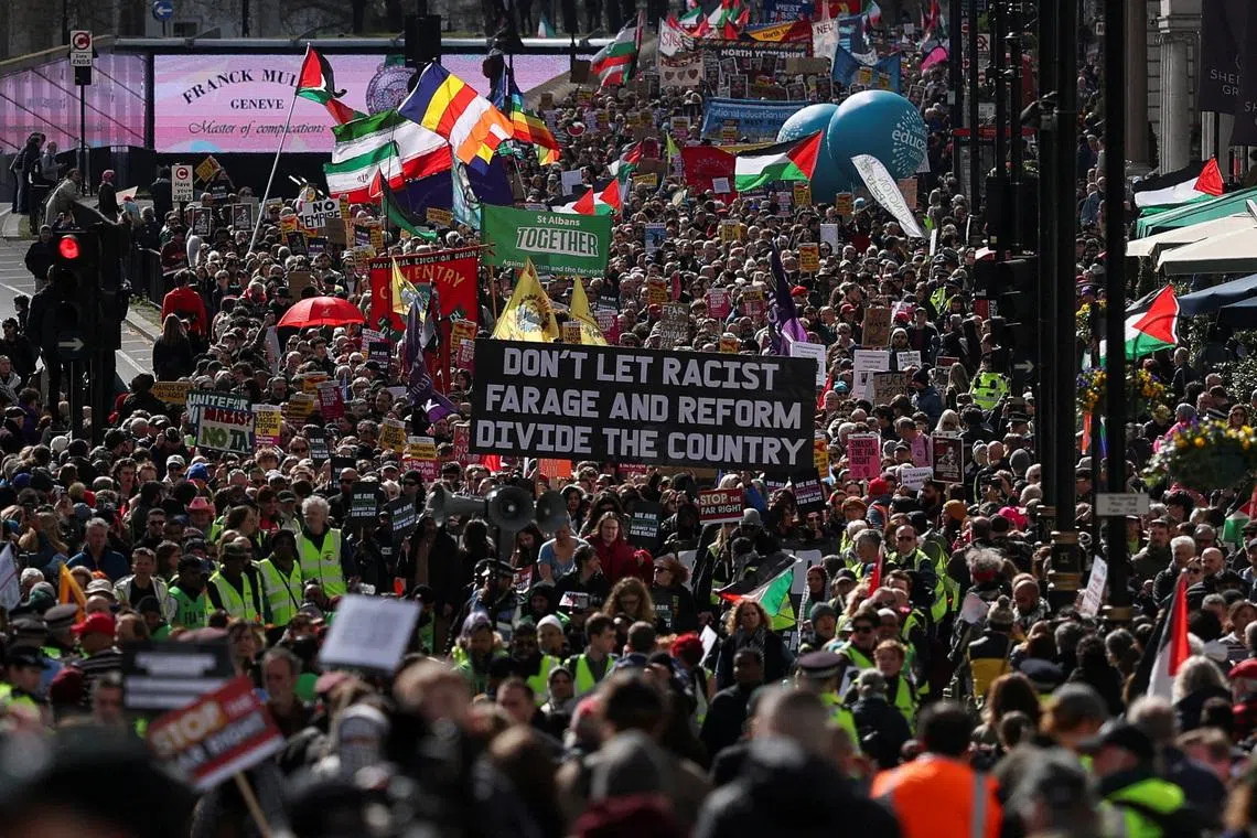 Demonstrators marching against far-right extremism in London, Britain, on March 28.