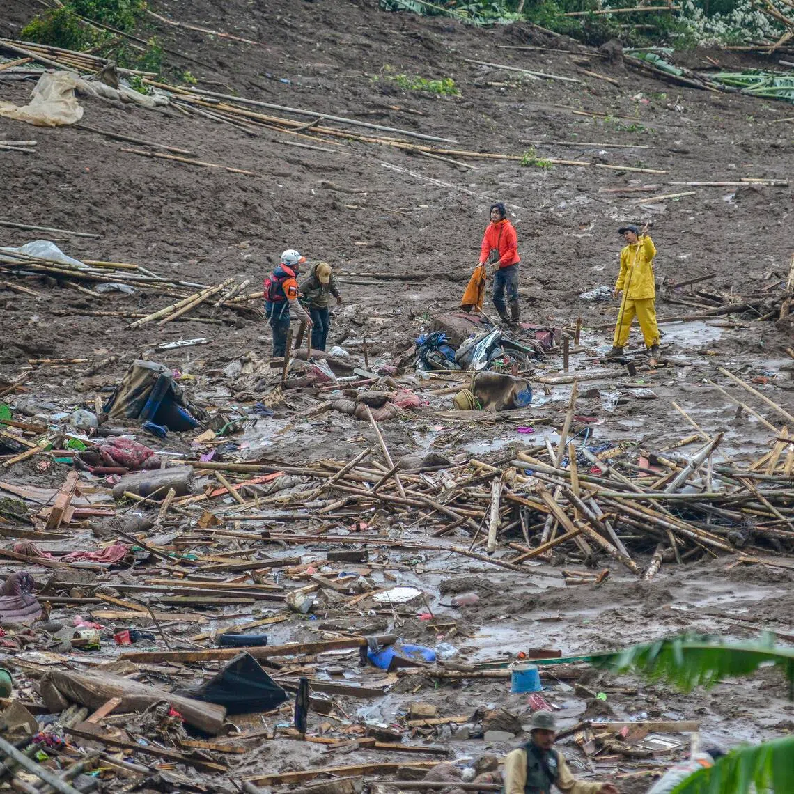 Rescuers search for victims at a landslide affected area in Pasirlangu village, West Bandung in Indonesia on Jan 24.