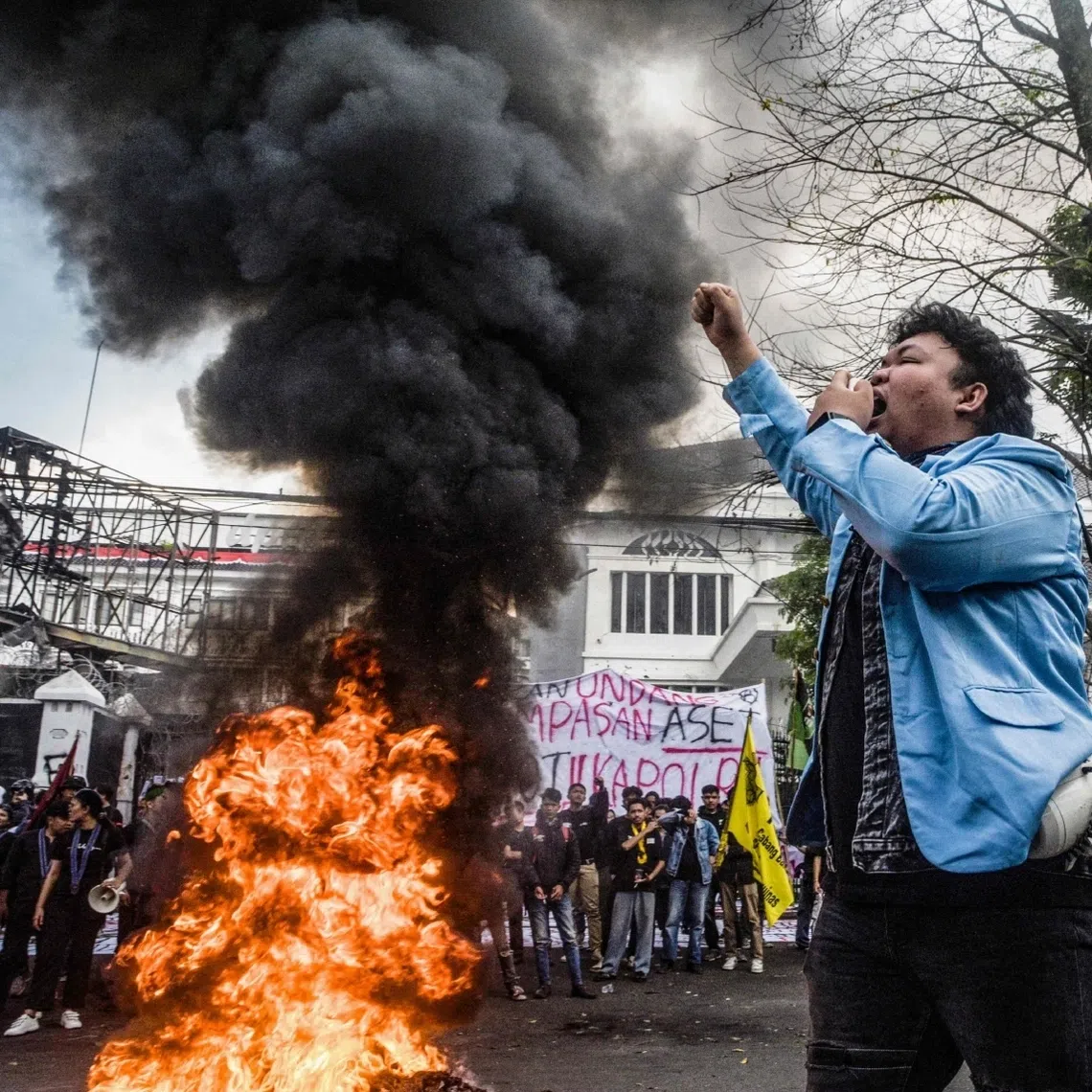 A protest in Bandung, Indonesia, on Sept 1, demanding police reform and the dissolution of Parliament.