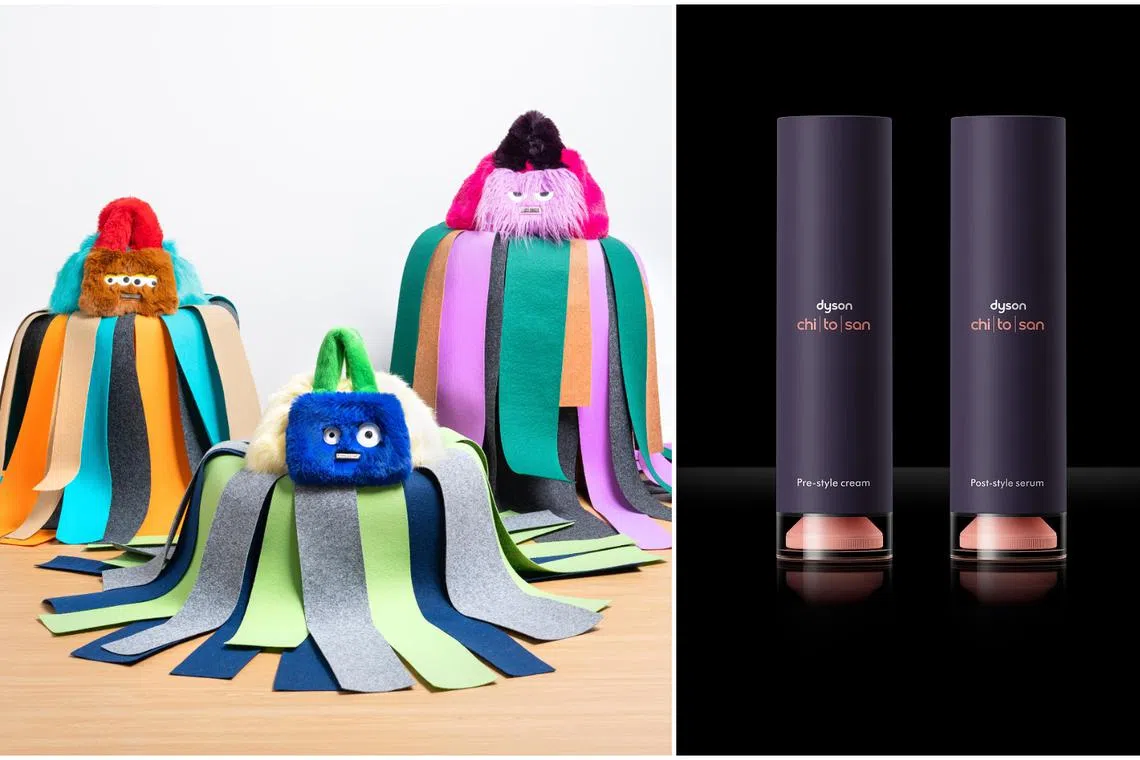 Beyond The Vines' Monster Dumpling Bags (left) and Dyson's first haircare-meets-styling products, Dyson Chitosan. 