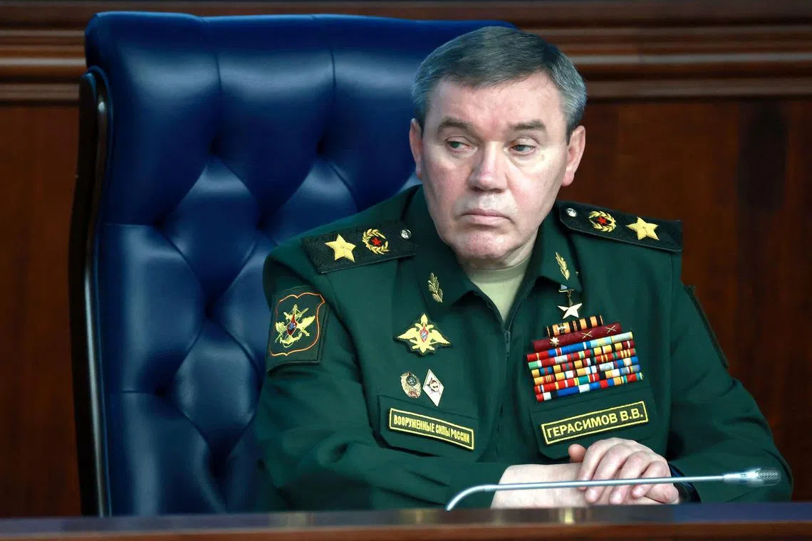 (FILES) In this file photo taken on December 21, 2022 Russia's army Chief of General Staff Valery Gerasimov attends an expanded meeting of the Russian Defence Ministry Board at the National Defence Control Centre in Moscow. - Russia has again replaced its military commander in Ukraine, putting army chief Valery Gerasimov in charge of its forces in the conflict, the defence ministry said January 11, 2023. (Photo by Sergey Fadeichev / Sputnik / AFP)