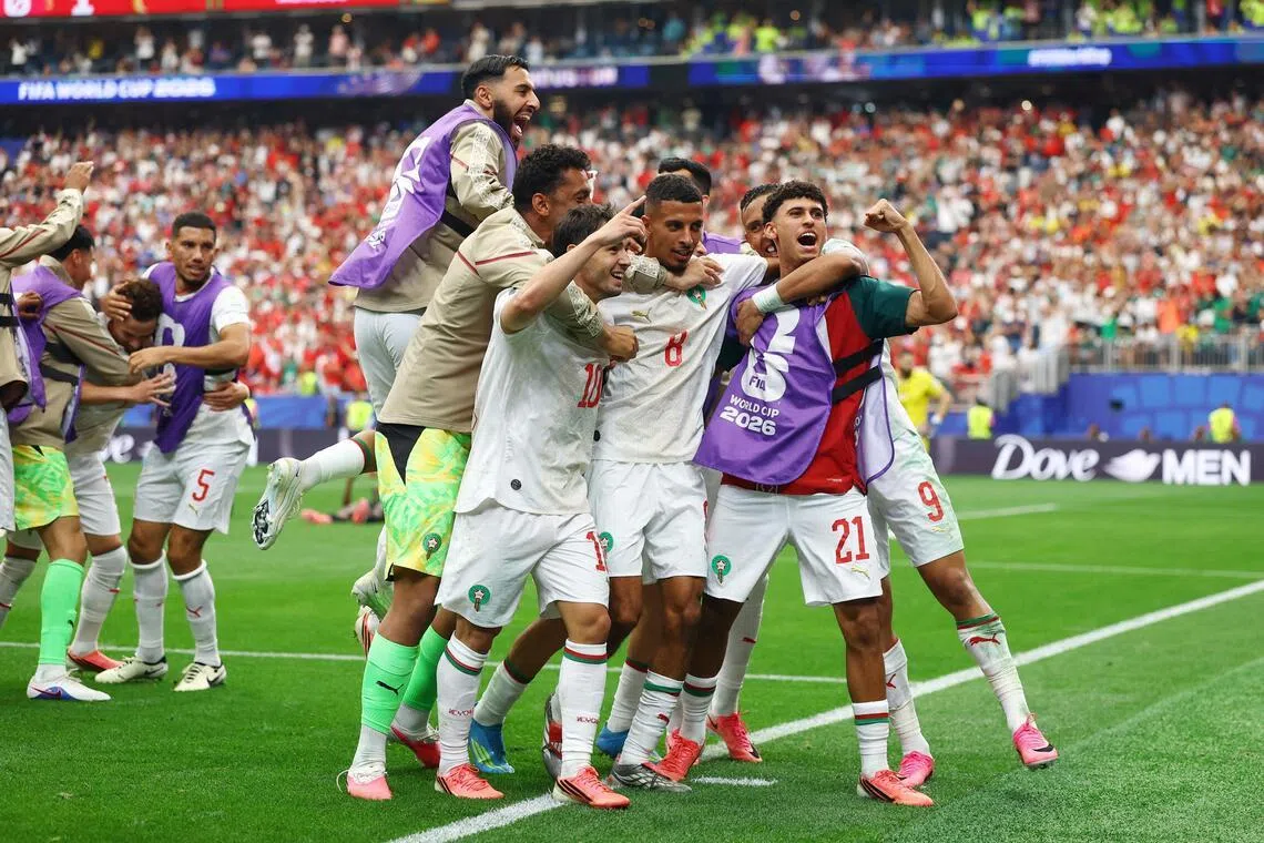 Soccer Football - FIFA World Cup 2026 - Round of 16 - Canada v Morocco - Houston Stadium, Houston, Texas, U.S. - July 4, 2026
Morocco's Azzedine Ounahi celebrates scoring their second goal with teammates REUTERS/Hannah Mckay     TPX IMAGES OF THE DAY
