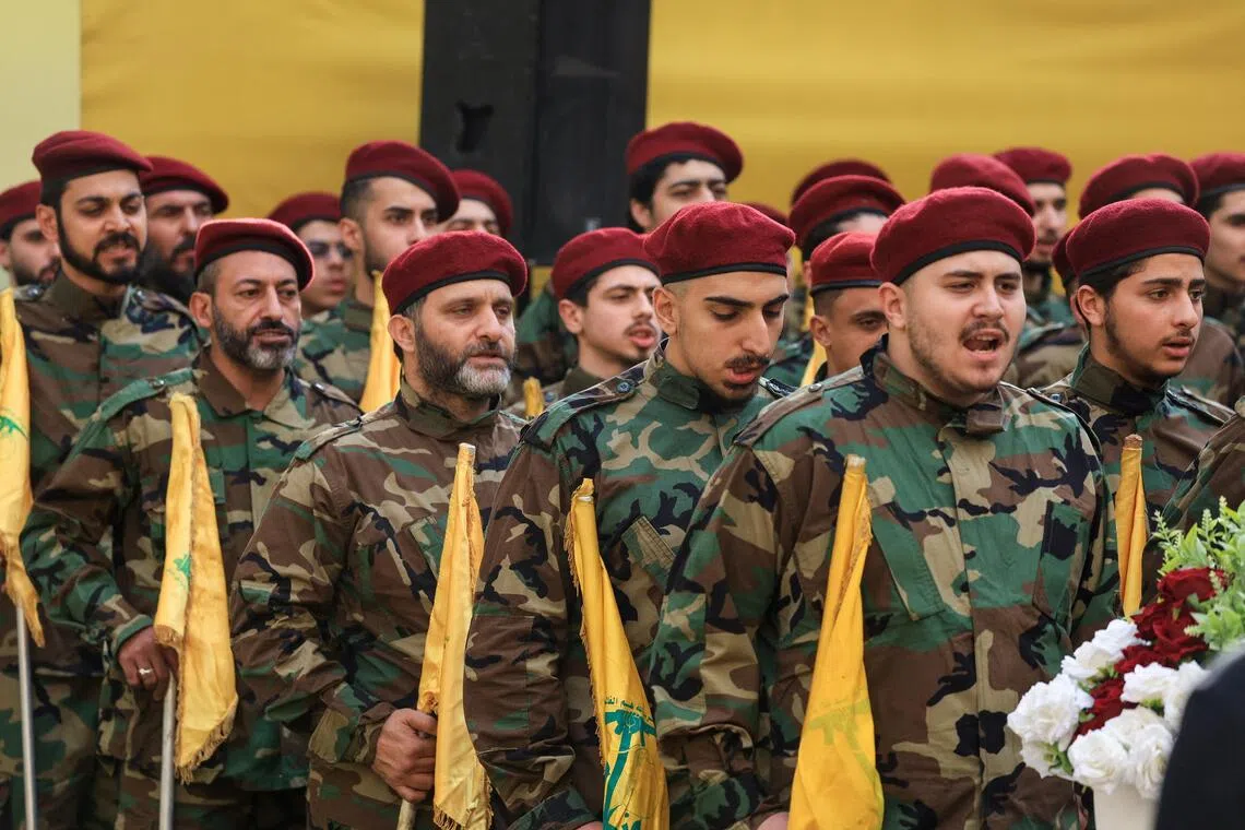 Hezbollah fighters attending a funeral in Beirut, Lebanon, in November 2025.