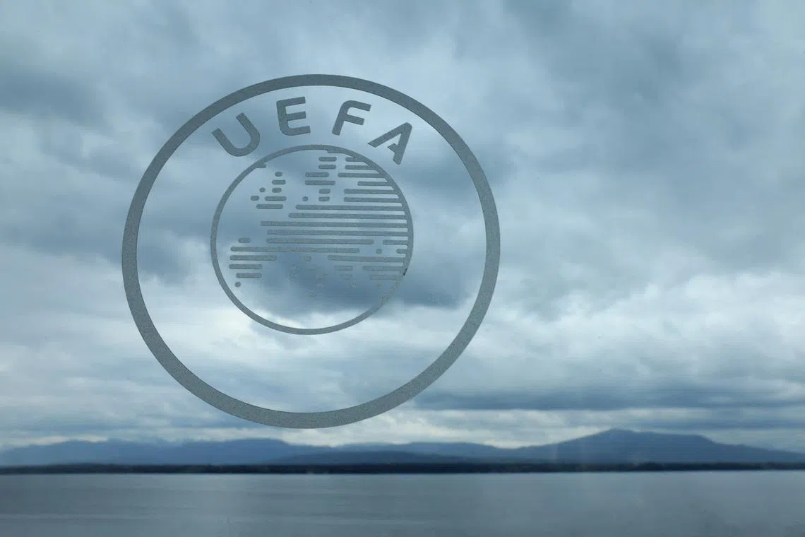 Soccer Football - Champions League - Draw For Quarter Final, Semi Final and Final - UEFA Headquarters, Nyon, Switzerland - March 15, 2024 General view of the UEFA logo after the draw REUTERS/Denis Balibouse