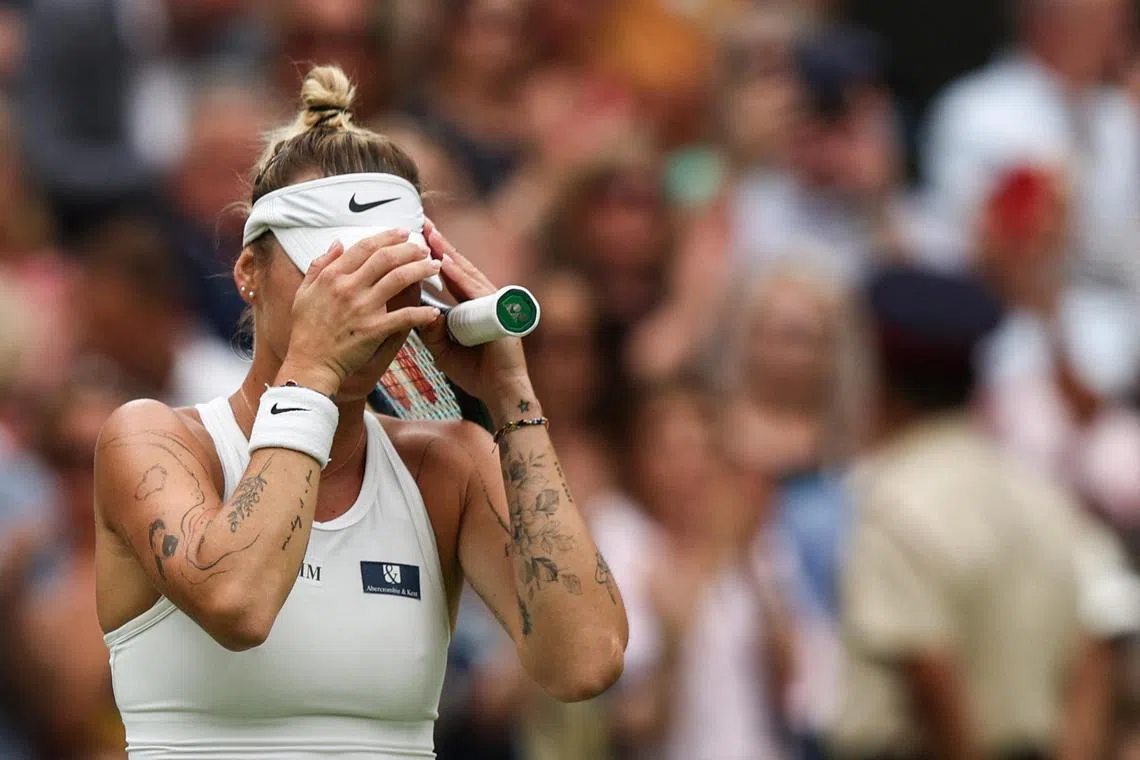 Czech Republic's Marketa Vondrousova celebrating her victory against Elina Svitolina of Ukraine in the Wimbledon semi-finals. 