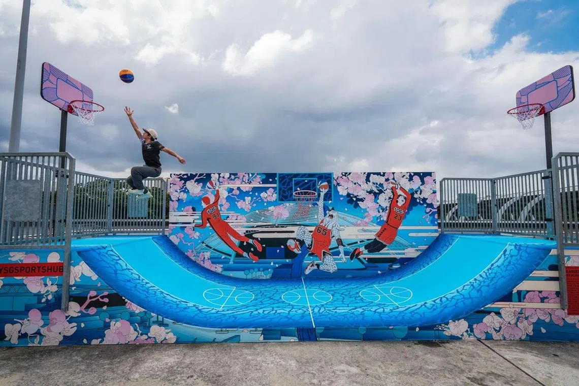 dlbas29 - As part of the ongoing Festival of Basketball, skaters, basketballers and the public community are invited to contribute to the Garden City Slam mural alongside local artist Alvin Tan at the Sports Hub Skate Park at 1-3pm on March 31.
The Singapore Sports Hub has teamed up with youth culture company Hypebeast for the Festival of Basketball, a collaboration that celebrates basketball, skateboarding, and the arts which runs until mid-April.
Coinciding with the March 27-30 Fiba 3x3 Asia Cup, the free festival will transform the area into a multi-purpose space that marries sports, lifestyle and culture with eye-popping murals and interactive installations.

credit: Singapore Sports Hub
section: Sports
copyright: For SPH use only