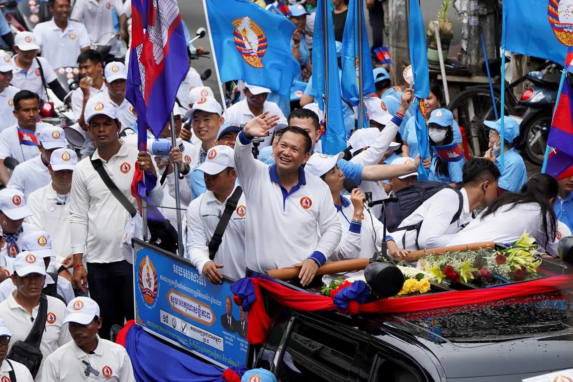 Mr Hun Manet attends the final Cambodian People's Party election campaign in Phnom Penh, Cambodia, on July 21, 2023.