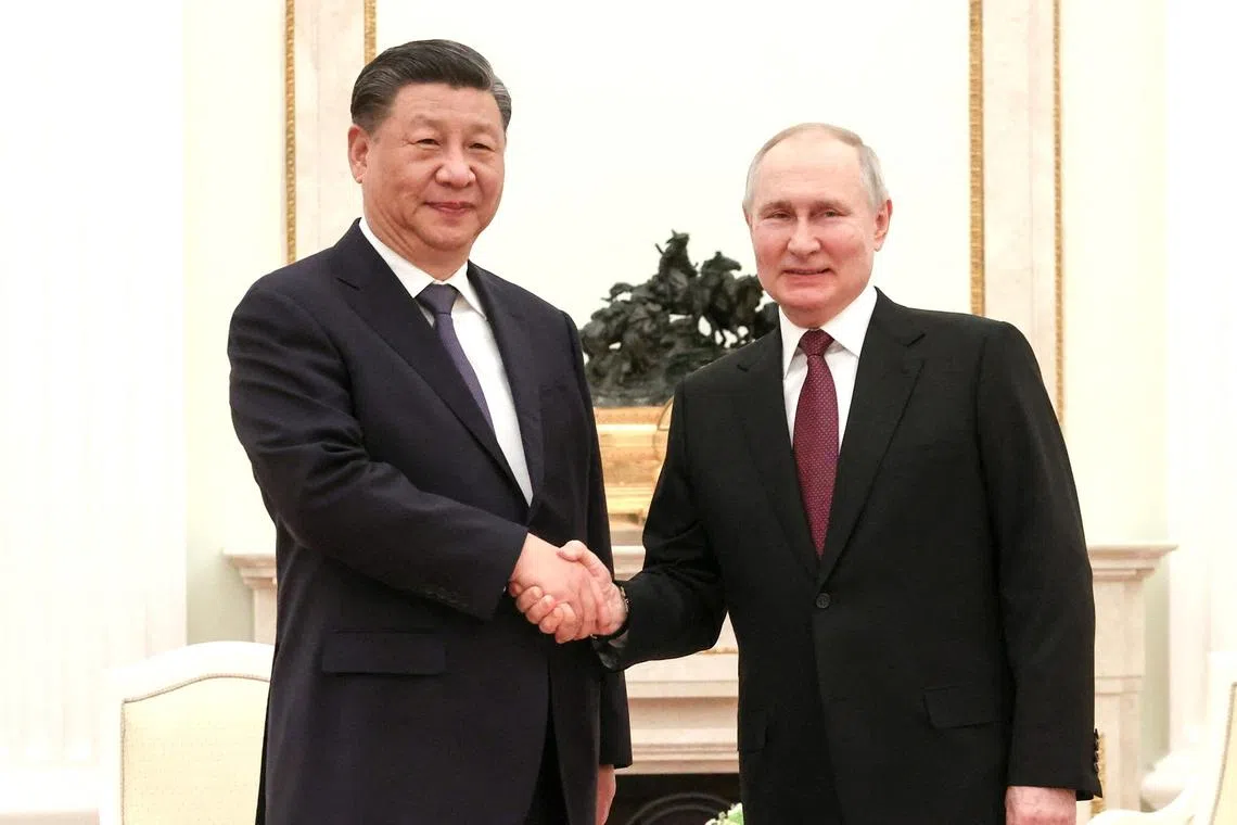 Chinese President Xi Jinping (left) meeting Russian counterpart Vladimir Putin in the Kremlin in Moscow on March 20, 2023. 