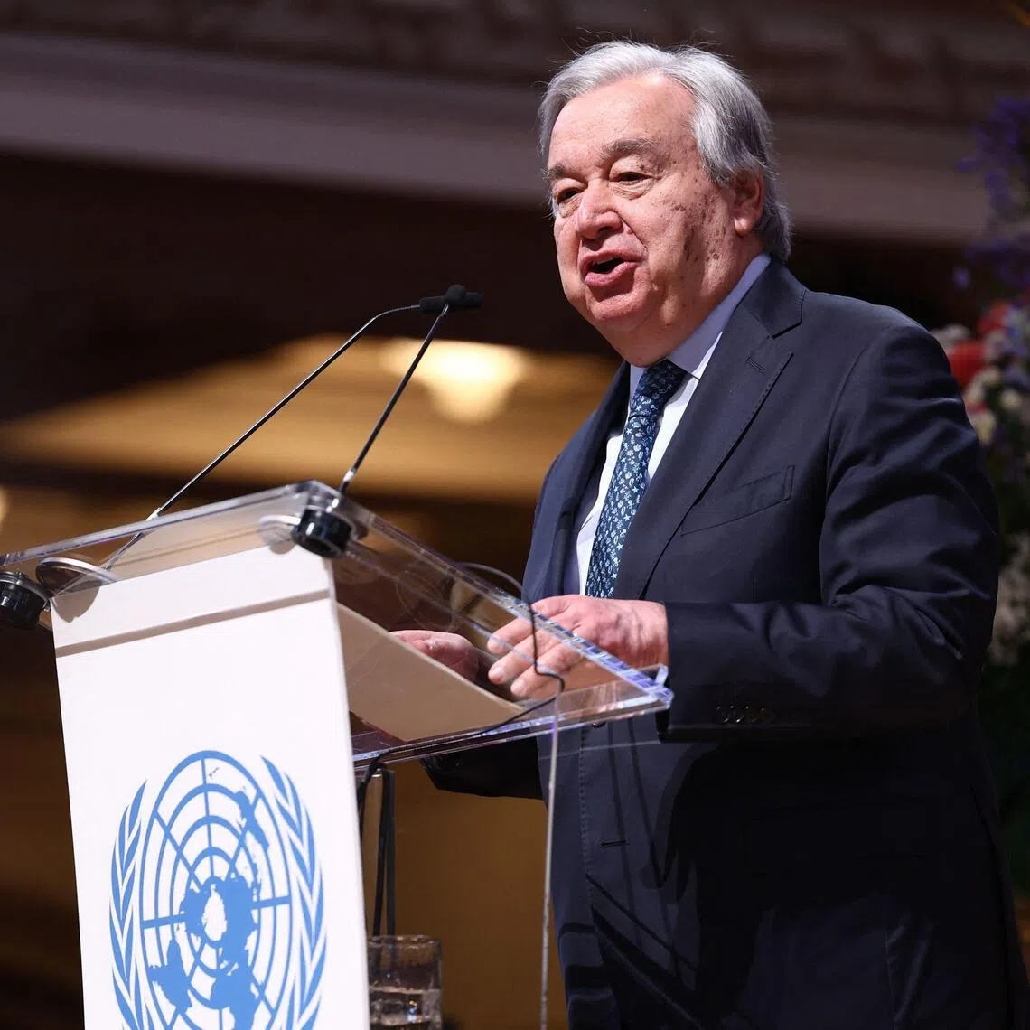 UN Secretary-General Antonio Guterres speaking on Jan 17 at a conference marking the 80th anniversary of the founding of the UN, at Methodist Central Hall in London, the site of the inaugural UN General Assembly.