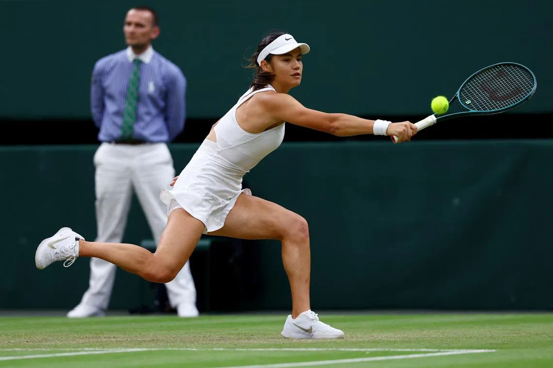 FILE PHOTO: Tennis - Wimbledon - All England Lawn Tennis and Croquet Club, London, Britain - July 7, 2024 Britain's Emma Raducanu in action during her fourth round match against New Zealand's Lulu Sun REUTERS/Matthew Childs/File Photo