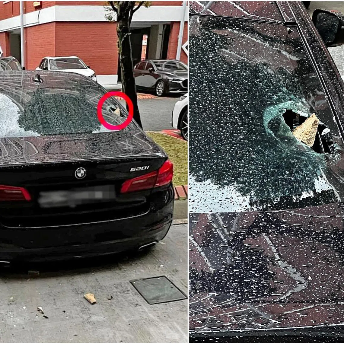 A dislodged brick that fell from the fourth storey of a HDB block in Hougang hit and damaged a black BMW.