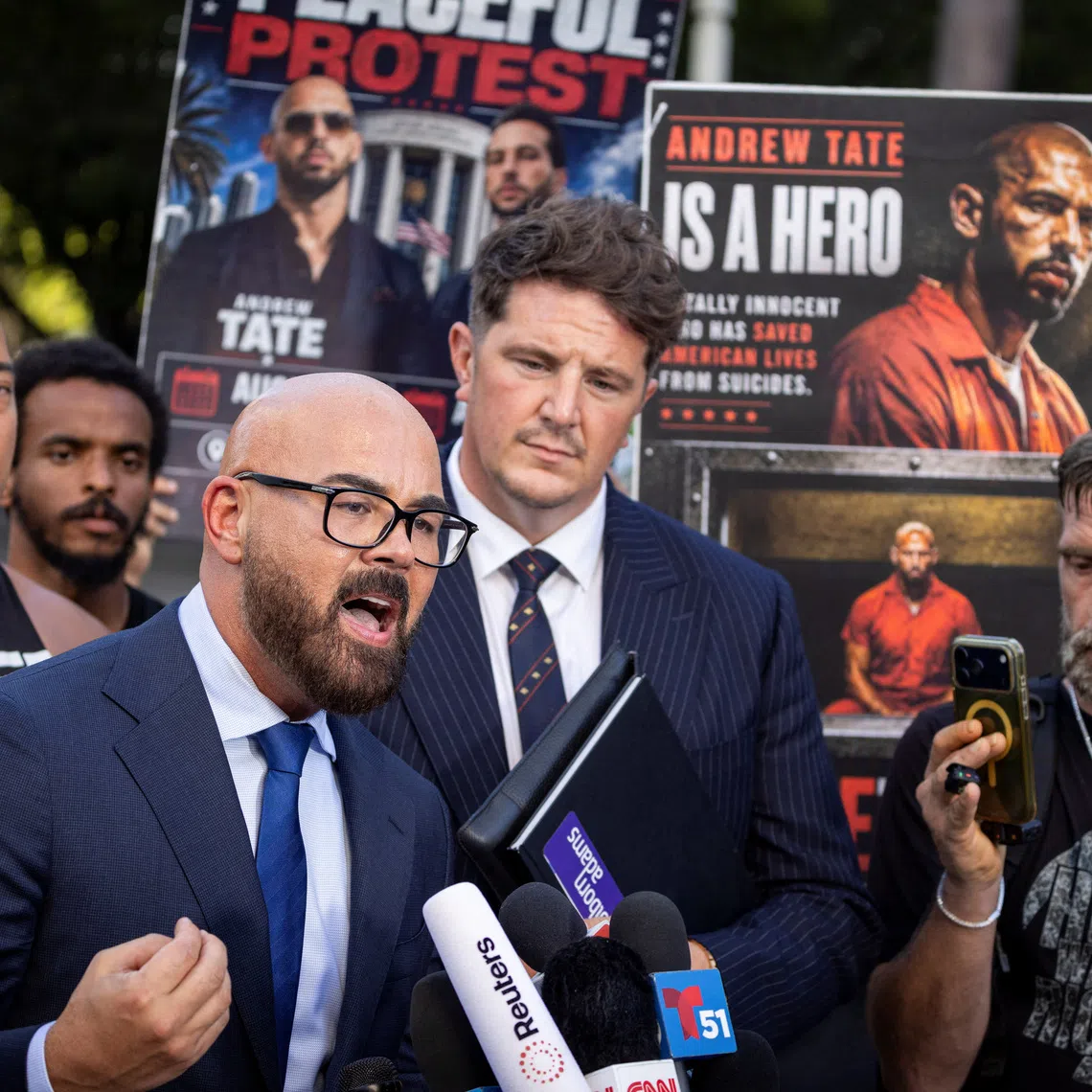 Joseph D. McBride, attorney for Andrew and Tristan Tate, talks to the media after hearing of the social media influencer brothers on Aug 27.