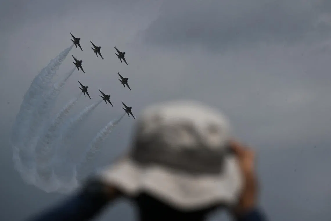 South Korea Air Force’s Black Eagles aerobatic team performing in their T-50Bs during an aerial display at the Singapore Airshow at Changi Exhibition Centre in Singapore Feb 22., 2024.