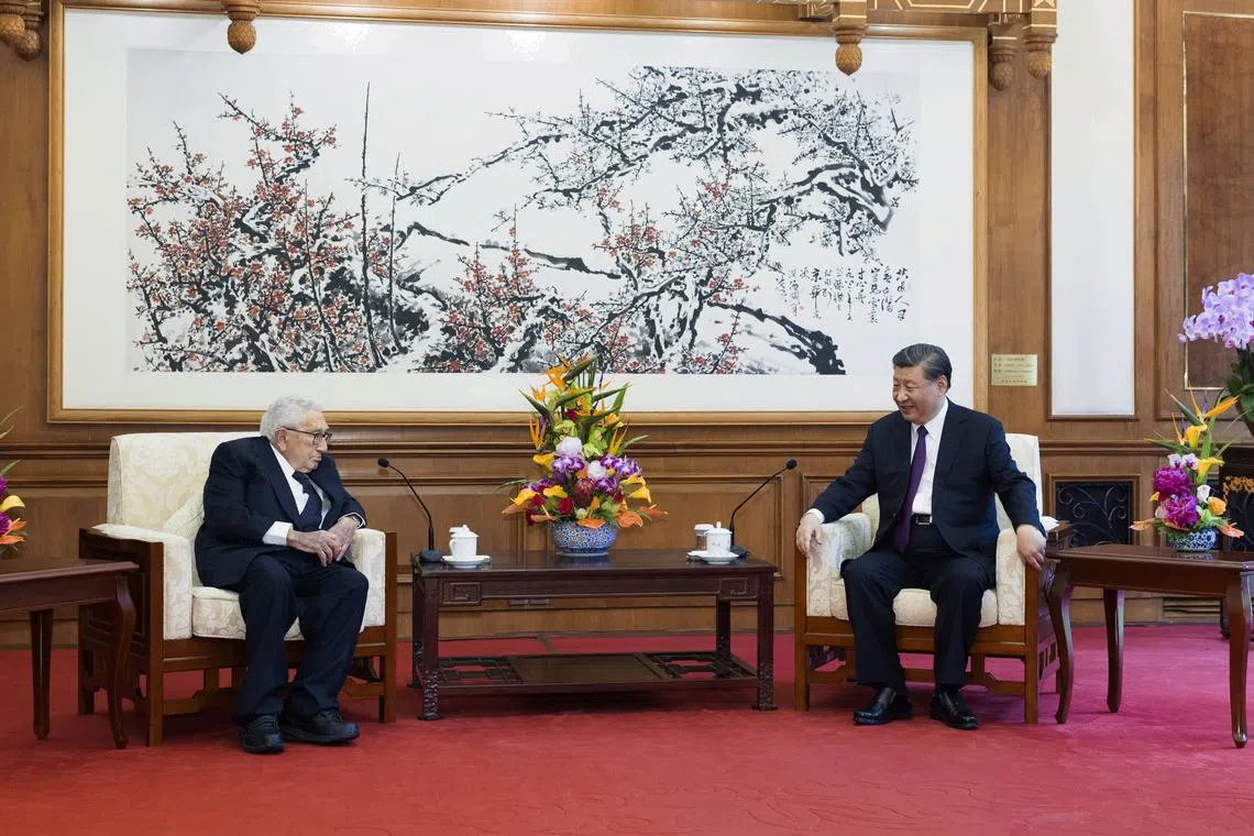 Mr Henry Kissinger (left) meets President Xi Jinping at the Diaoyutai State Guesthouse in Beijing, China, on July 20, 2023.