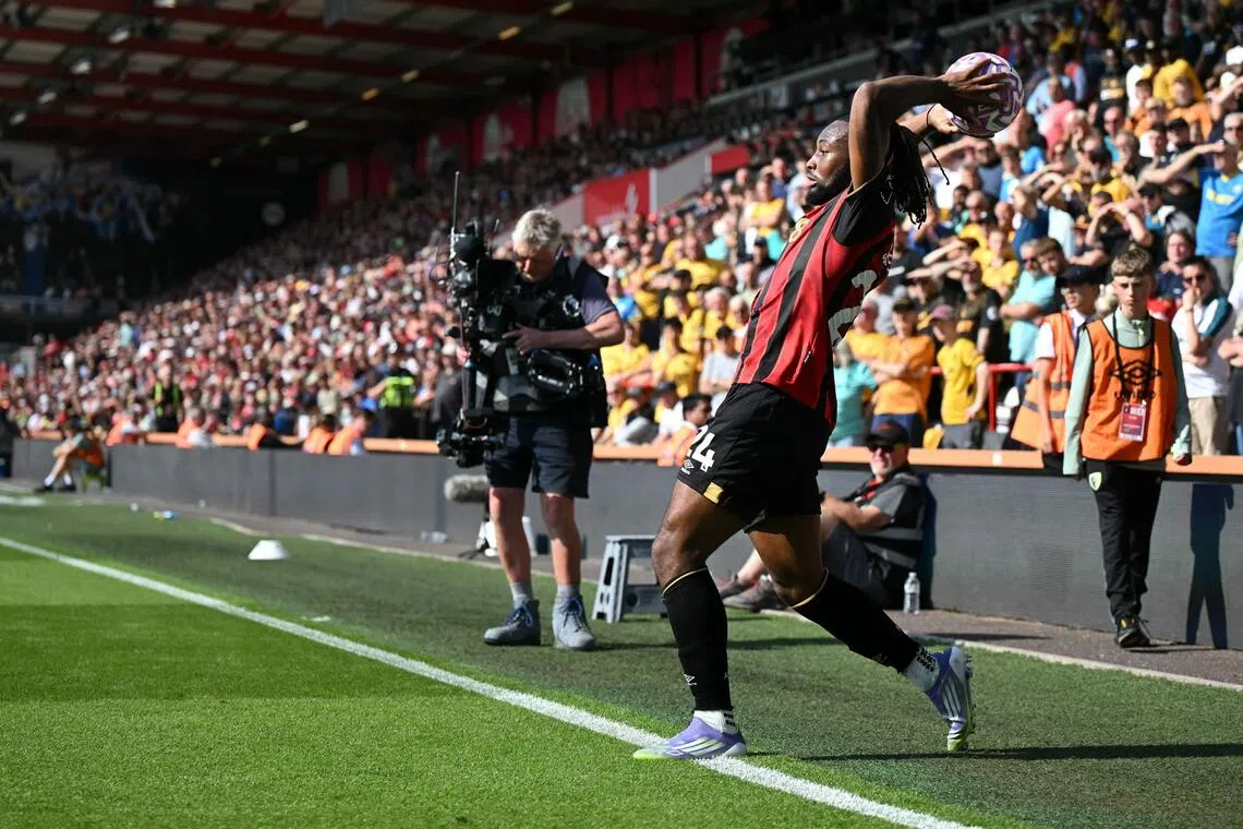 Bournemouth's Antoine Semenyo taking a throw-in during their 1-0 English Premier League win over Wolverhampton Wanderers on Aug 23.
