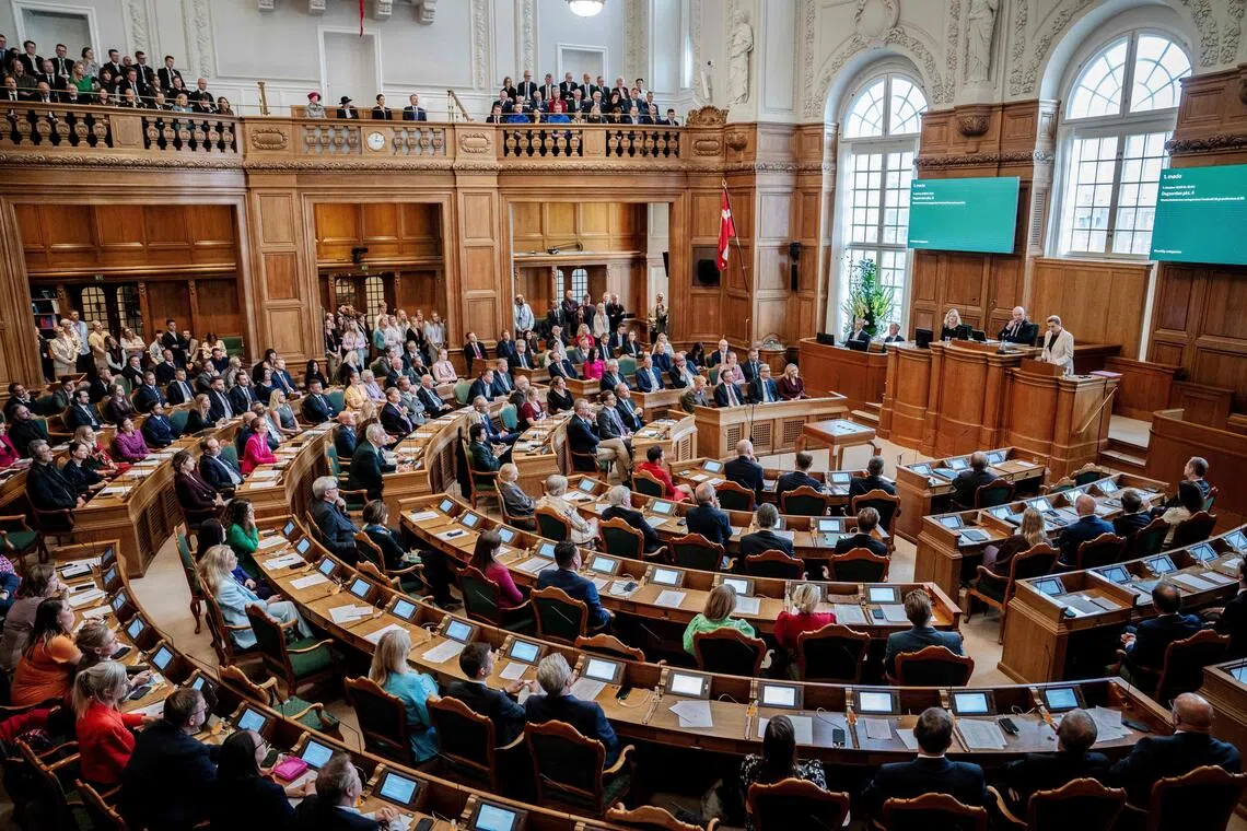 Denmark's Prime Minister, Ms Mette Frederiksen, speaking during the opening of the Danish Parliament in Copenhagen, in October 2025.