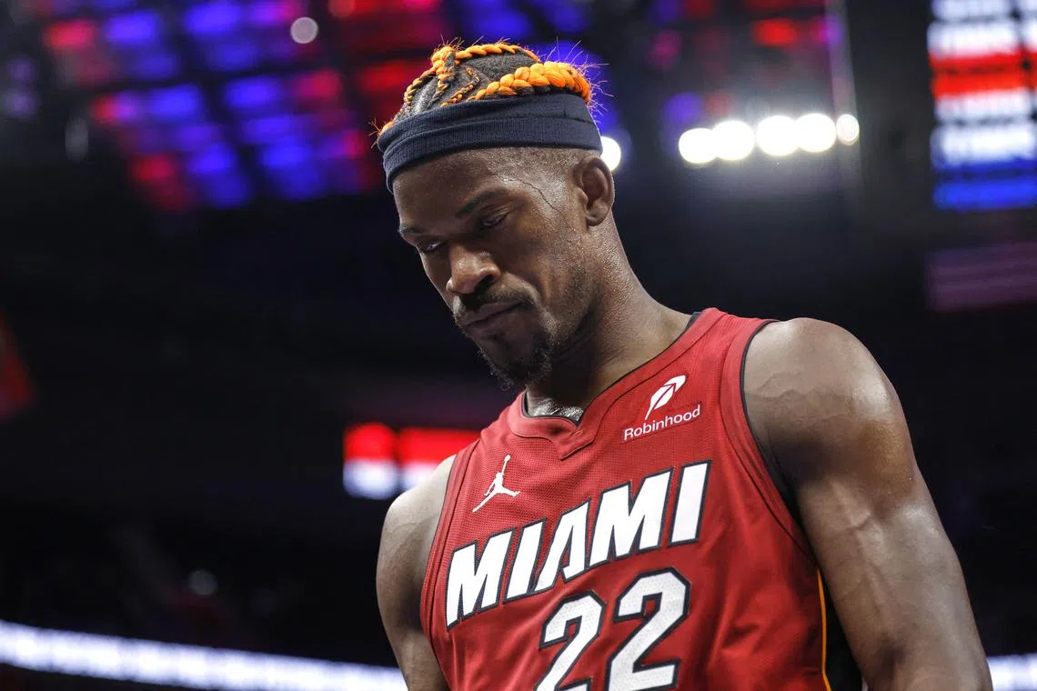 FILE PHOTO: Dec 16, 2024; Detroit, Michigan, USA;  Miami Heat forward Jimmy Butler (22) walks off the court after the game against the Detroit Pistons at Little Caesars Arena. Mandatory Credit: Rick Osentoski-Imagn Images/File photo