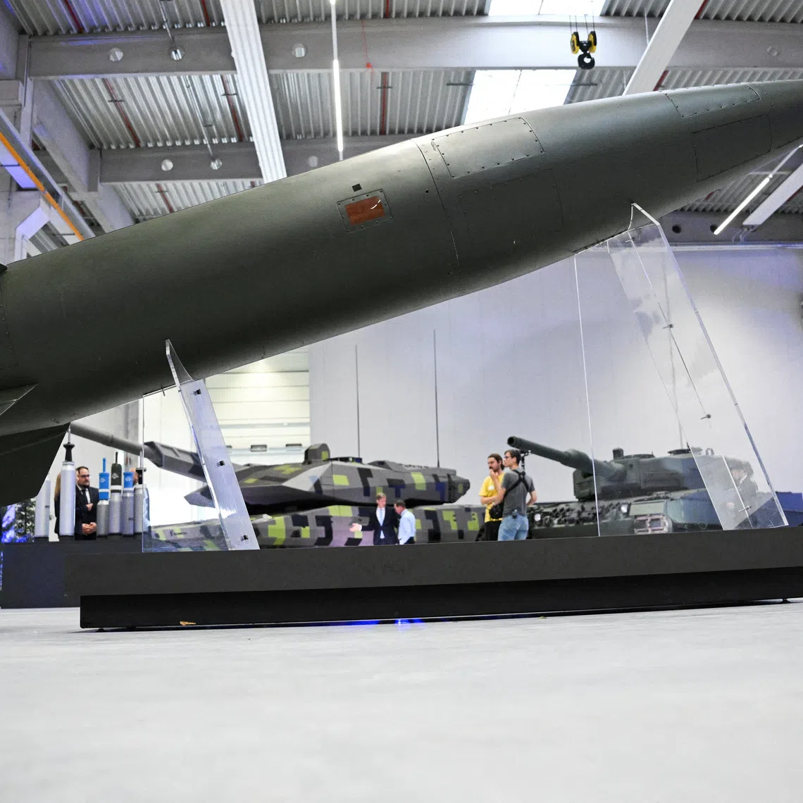 An Army Tactical Missile System is displayed during the inauguration of a new artillery plant run by Rheinmetall, in Unterluess, Germany.