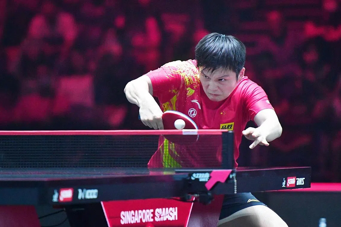 China's Fan Zhendong fighting his way to a 11-6., 11-5, 11-7 win over Sweden's Anton Kallberg at the World Table Tennis Singapore Smash on Saturday.