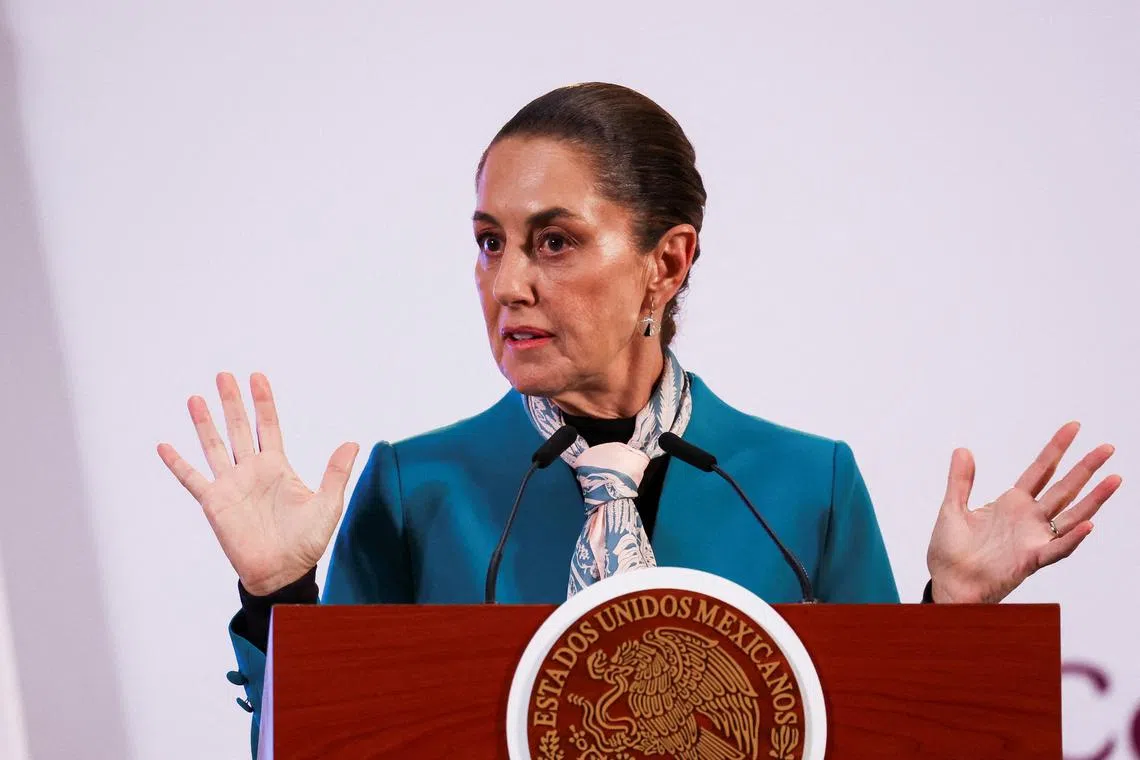 FILE PHOTO: Mexico's President Claudia Sheinbaum speaks during a press conference a day after the U.S. elections, at the National Palace, in Mexico City, Mexico, November 6, 2024. REUTERS/Raquel Cunha/File Photo