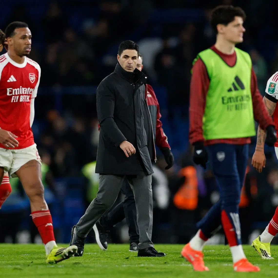 Soccer Football - Carabao Cup - Semi Final - First Leg - Chelsea v Arsenal - Stamford Bridge, London, Britain - January 14, 2026 Arsenal manager Mikel Arteta celebrates after the match Action Images via Reuters/Peter Cziborra