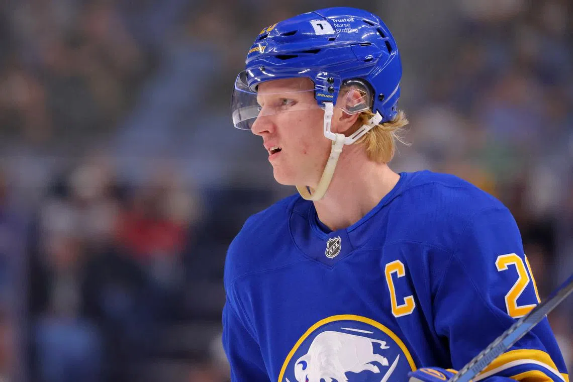 FILE PHOTO: Oct 22, 2024; Buffalo, New York, USA;  Buffalo Sabres defenseman Rasmus Dahlin (26) waits for the face-off during the second period against the Dallas Stars at KeyBank Center. Mandatory Credit: Timothy T. Ludwig-Imagn Images/File Photo