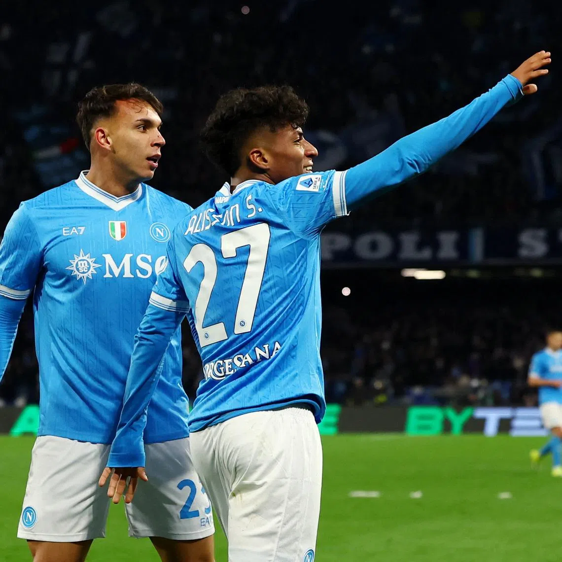 Soccer Football - Serie A - Napoli v AS Roma - Stadio Diego Armando Maradona, Naples, Italy - February 15, 2026 Napoli's Alisson Santos celebrates scoring their second goal with Giovane REUTERS/Ciro De Luca