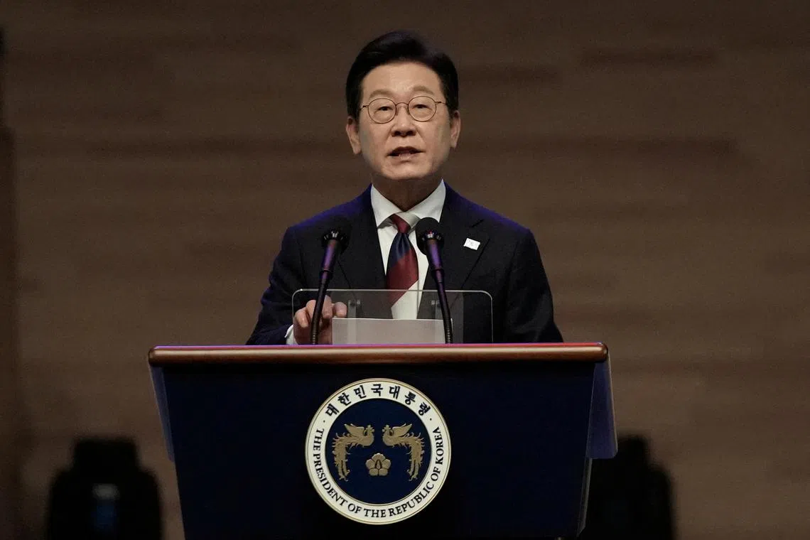 FILE PHOTO: South Korean President Lee Jae Myung speaks during a ceremony to celebrate the 80th anniversary of Korea's liberation from Japanese colonial rule, in Seoul, South Korea, Friday, Aug. 15, 2025.     Ahn Young-joon/Pool via REUTERS/File Photo