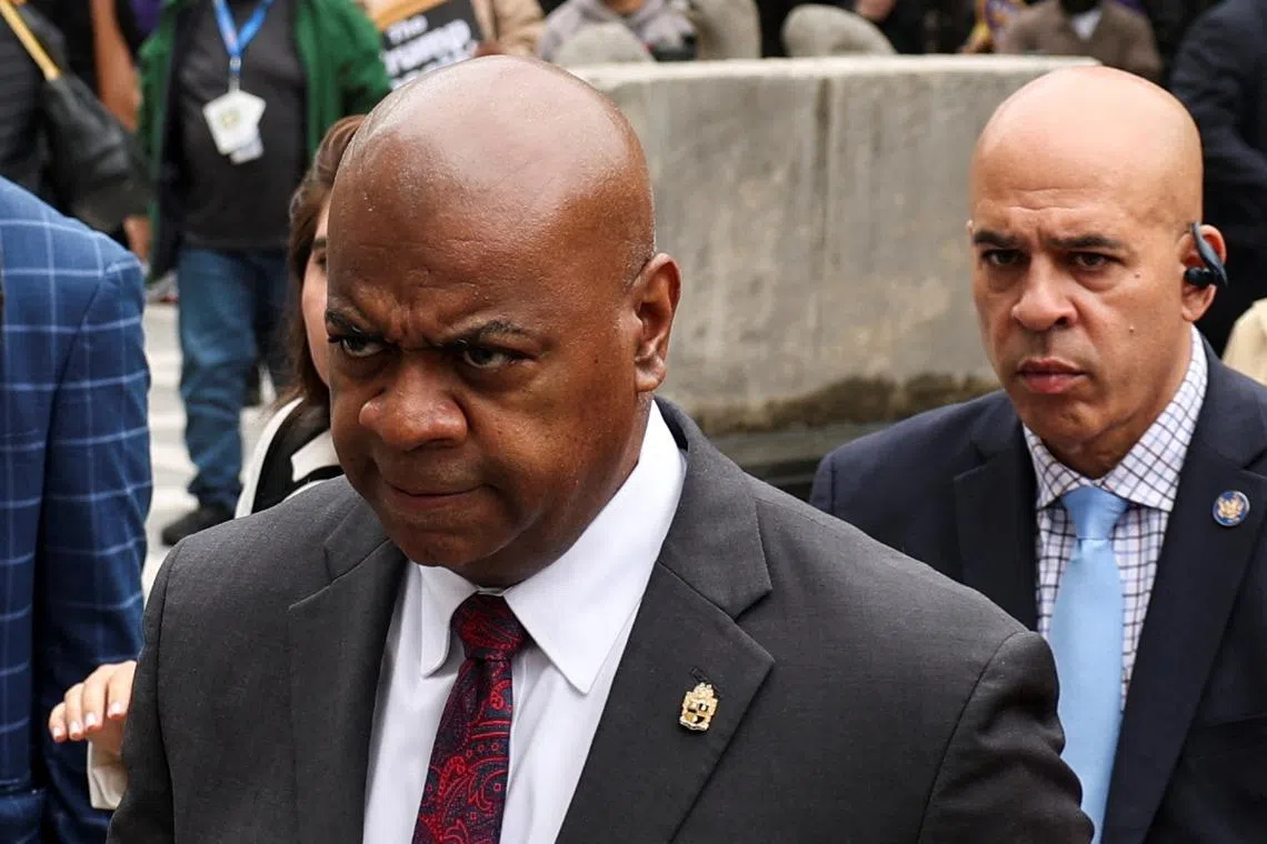 Ras Baraka, Mayor of Newark and New Jersey's Democratic candidate for governor, walks outside the Newark Federal Courthouse, in Newark, New Jersey, U.S., May 15, 2025. REUTERS/Jeenah Moon/File Photo