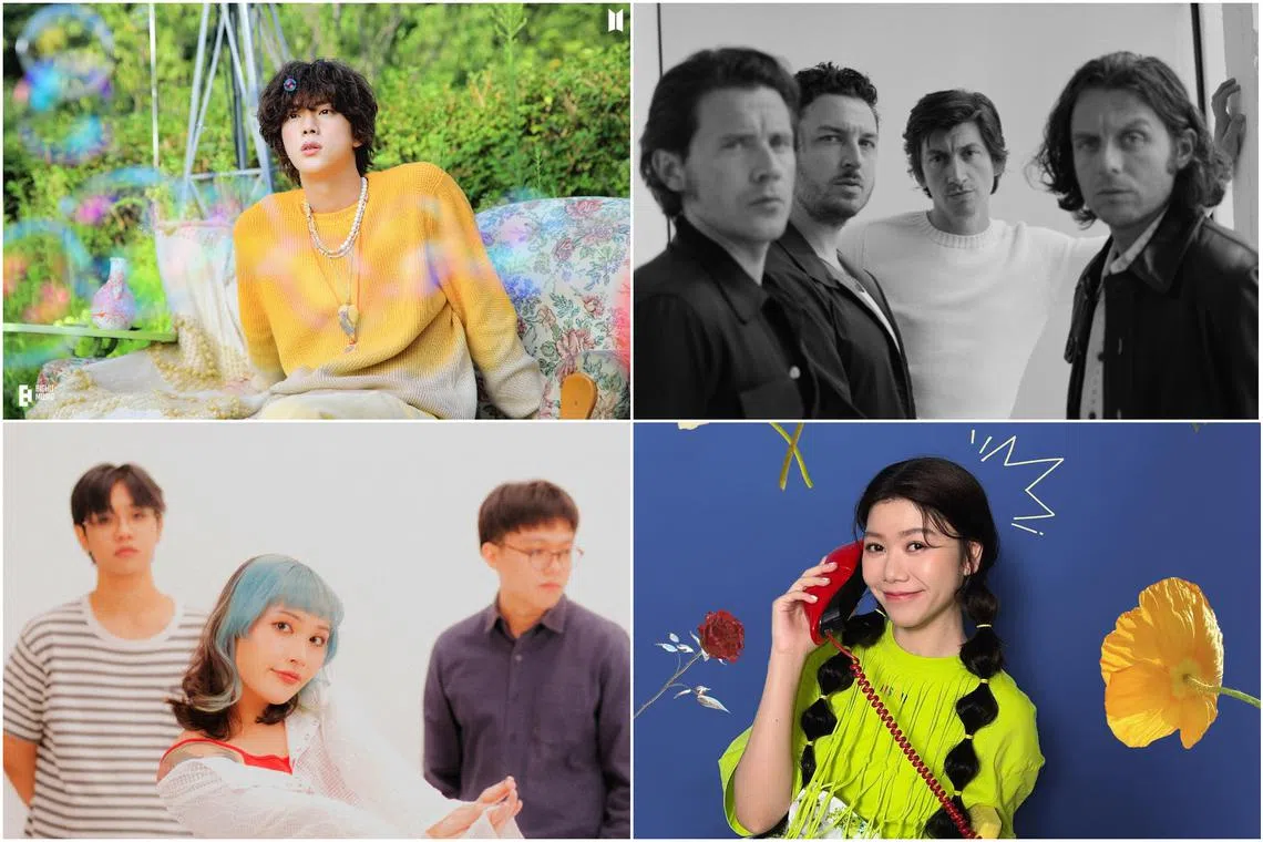 (Clockwise from top left) Jin from BTS, Arctic Monkeys, Priscilla Abby and trio Sobs.