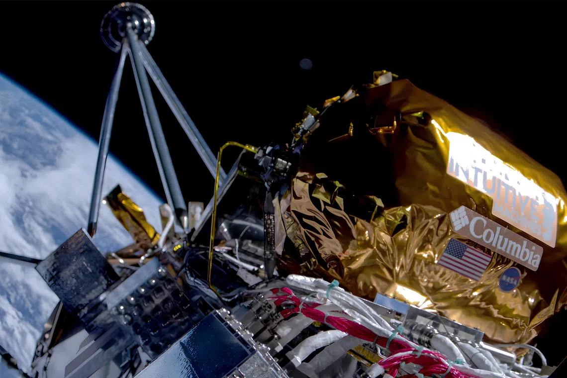 In an undated image provided by Intuitive Machines, a view from onboard the Intuitive Machines Odysseus mission in Earth's orbit on Feb 16.