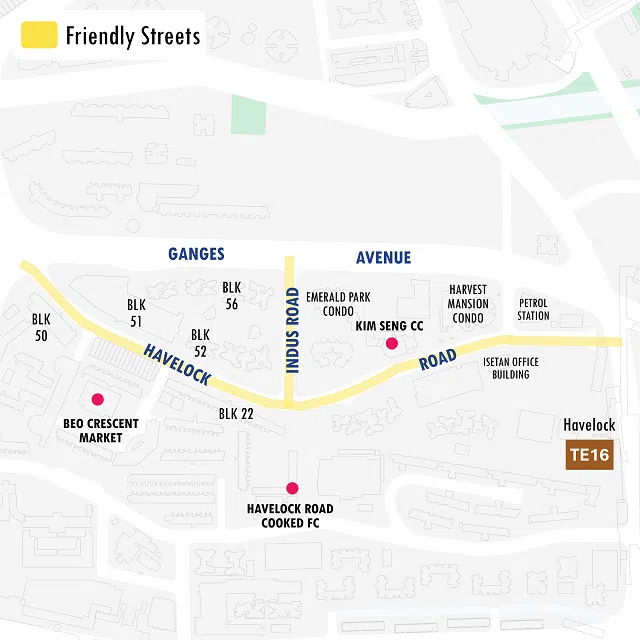 The Tiong Bahru-Havelock Friendly Streets covers Havelock Road and Indus Road.