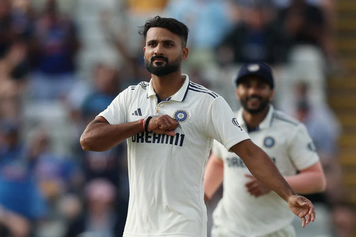 FILE PHOTO: Cricket - Second Test - England v India - Edgbaston Cricket Ground, Birmingham, Britain - July 5, 2025 India's Akash Deep celebrates after taking the wicket of England's Joe Root Action Images via Reuters/Paul Childs/File Photo