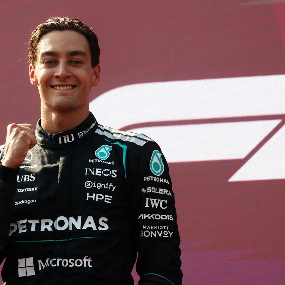 Formula One F1 - Austrian Grand Prix - Red Bull Ring, Spielberg, Austria - June 28, 2026 Mercedes' George Russell celebrates on the podium after winning the Austrian Grand Prix REUTERS/Leonhard Foeger