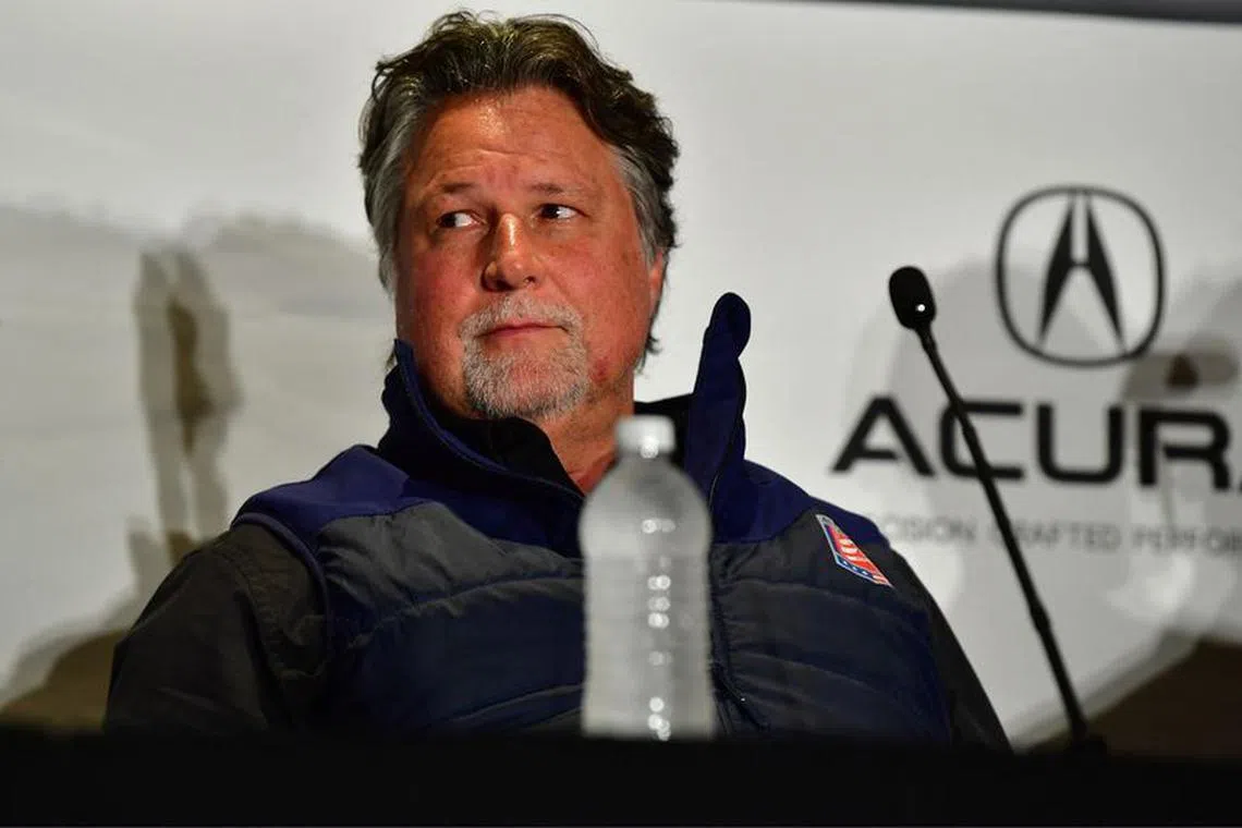 Apr 15, 2023; Long Beach, California, USA; Team owner Michael Andretti speaks with media after Andretti Autosport driver Kyle Kirkwood (27) of United States wins pole position during qualifying at Long Beach Street Circuit. Mandatory Credit: Gary A. Vasquez-USA TODAY Sports/File Photo