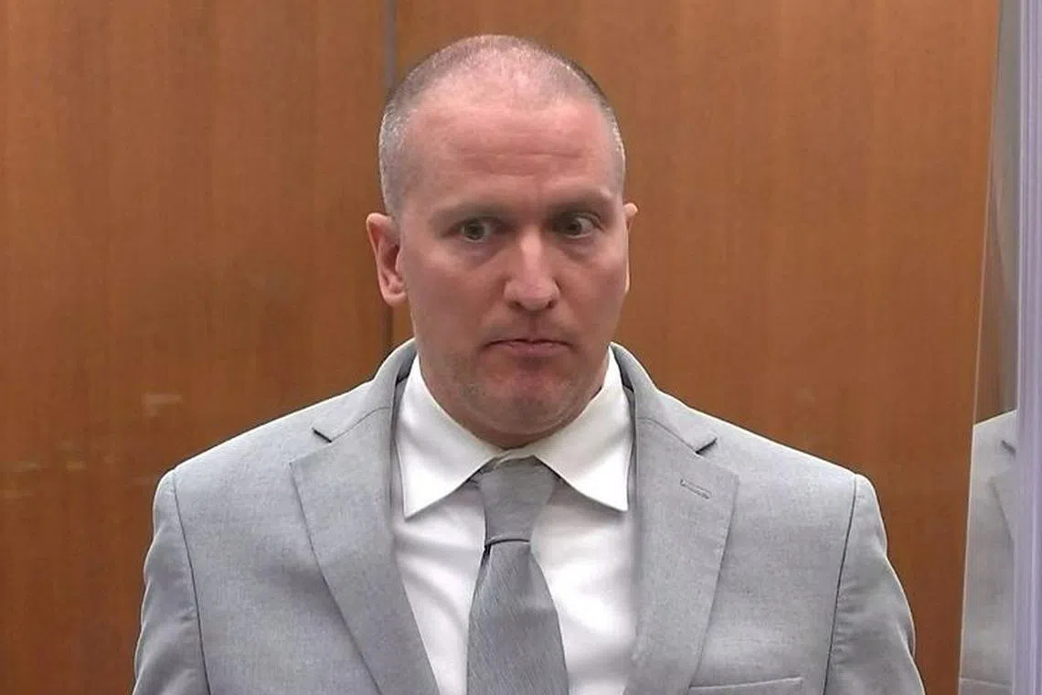 FILE PHOTO: Former Minneapolis police officer Derek Chauvin addresses his sentencing hearing and the judge as he awaits his sentence after being convicted of murder in the death of George Floyd in Minneapolis, Minnesota, U.S. June 25, 2021 in a still image from video. Pool via REUTERS/File Photo