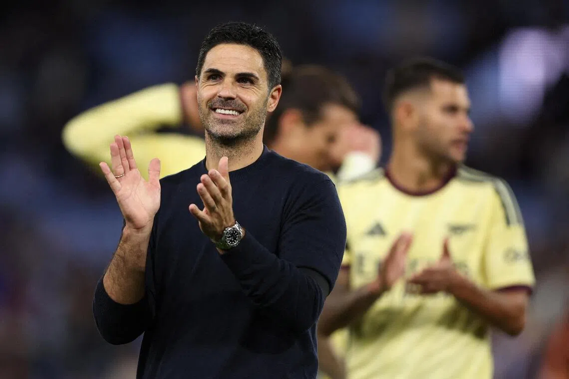 FILE PHOTO: Soccer Football - Premier League - Aston Villa v Arsenal - Villa Park, Birmingham, Britain - August 31, 2026
Arsenal manager Mikel Arteta celebrates after the match REUTERS/David Klein EDITORIAL USE ONLY. NO USE WITH UNAUTHORIZED AUDIO, VIDEO, DATA, FIXTURE LISTS, CLUB/LEAGUE LOGOS OR 'LIVE' SERVICES. ONLINE IN-MATCH USE LIMITED TO 120 IMAGES, NO VIDEO EMULATION. NO USE IN BETTING, GAMES OR SINGLE CLUB/LEAGUE/PLAYER PUBLICATIONS. PLEASE CONTACT YOUR ACCOUNT REPRESENTATIVE FOR FURTHER DETAILS../File Photo