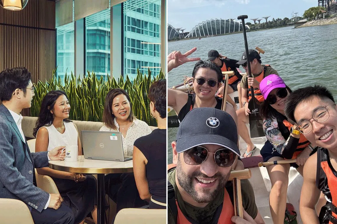 Sharon Lee in EY Singapore’s office talking to her teammates and doing dragon boating with her colleagues