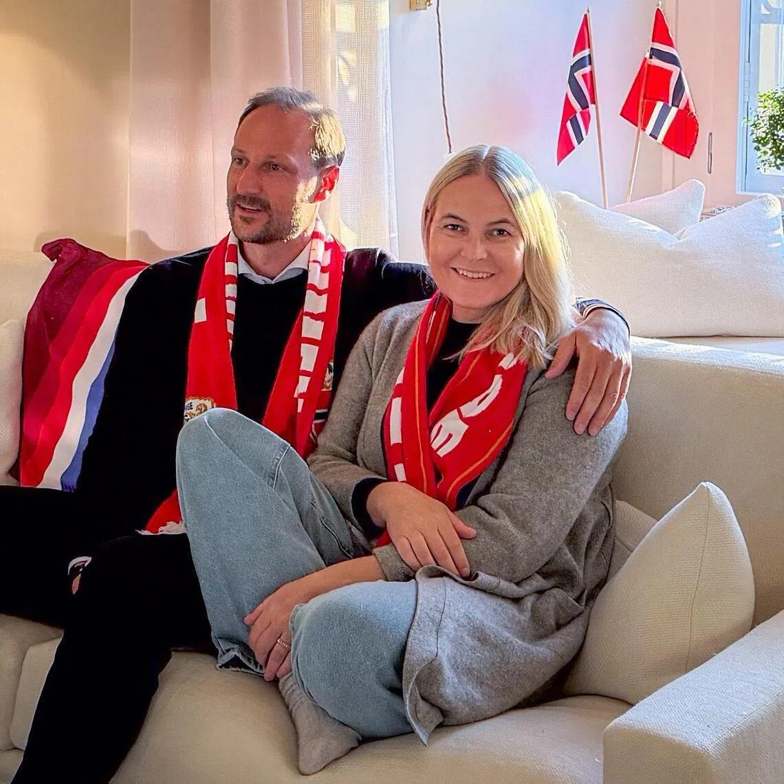 Norway’s Crown Princess Mette-Marit (right) and Crown Prince Haakon watch the FIFA 2026 World Cup football match between Norway and Brazil.
