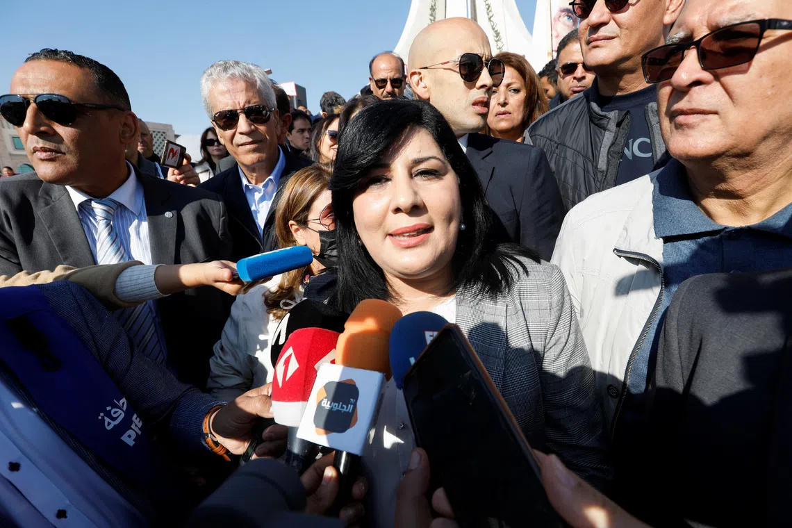 President of Tunisia's Free Destourian Party Abir Moussi speaks to the media during a protest demanding the dissolution of parliament and asking for early legislative elections, in Tunis, Tunisia November 20, 2021. REUTERS/Zoubeir Souissi