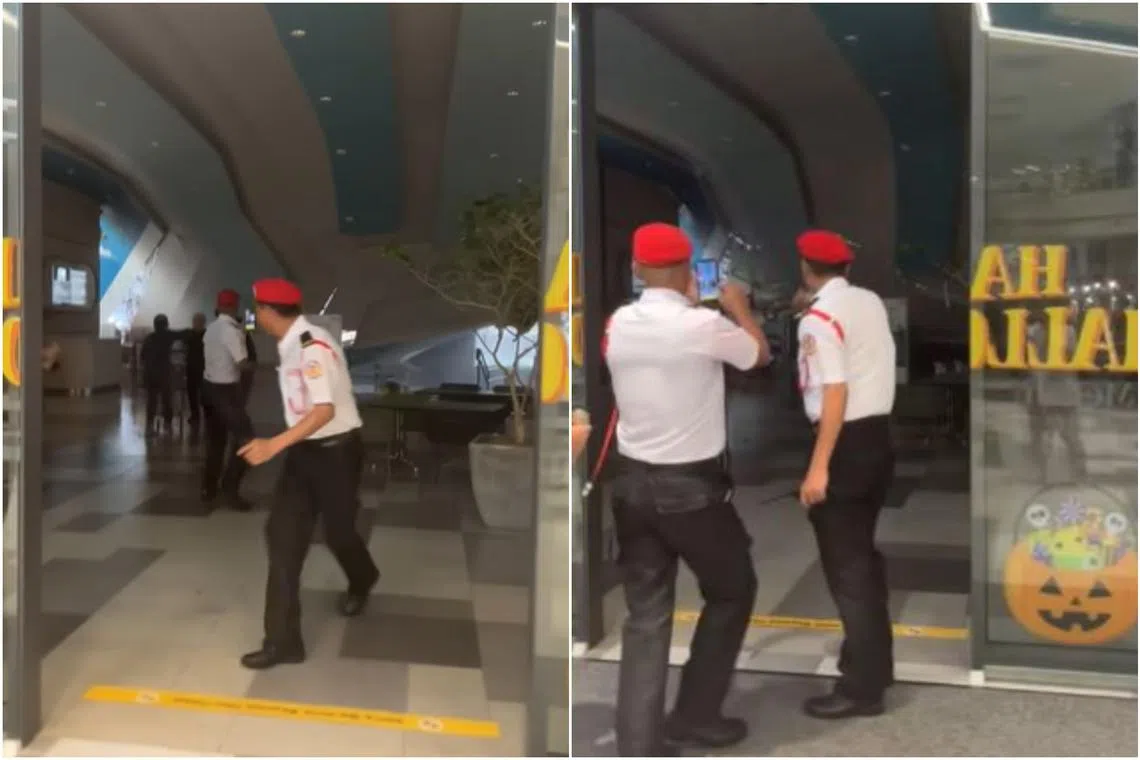 Security guards can be seen running for safety when a part of the ceiling at the Megah Rise Mall caved in.