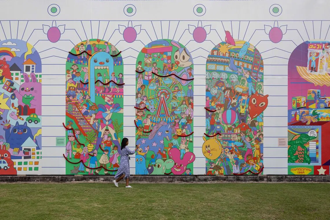 The three-panel mural shows the developing narrative of people starting to queue for toys and those already clamouring for their finds.