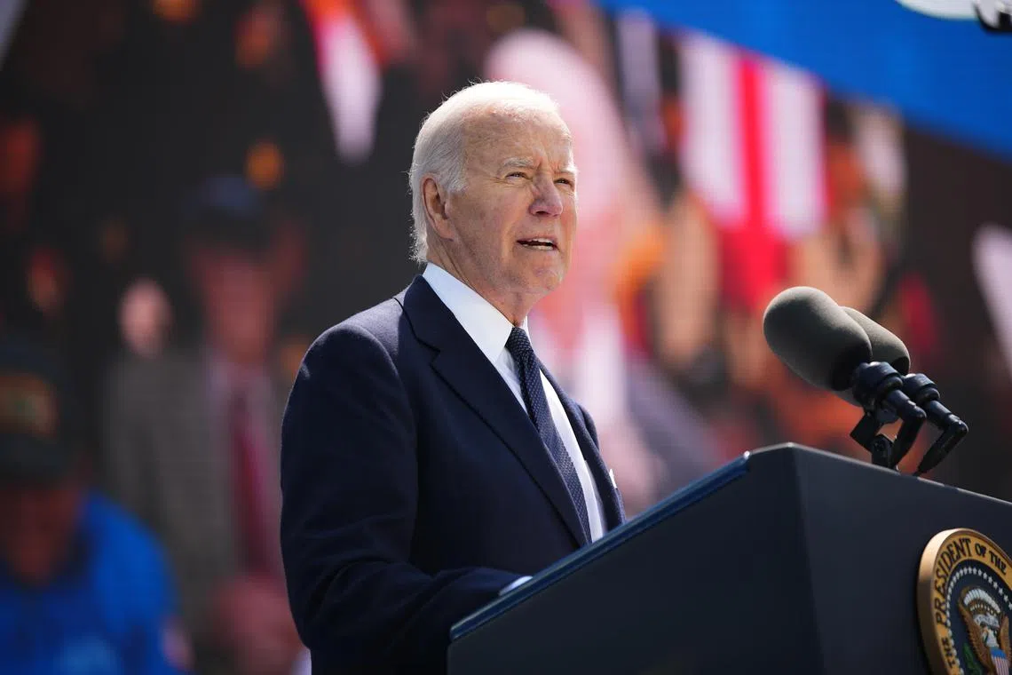 US President Joe Biden delivers a speech during a commemorative ceremony to mark the 80th anniversary of the D-Day landings in occupied France that helped defeat Nazi Germany in World War II.
