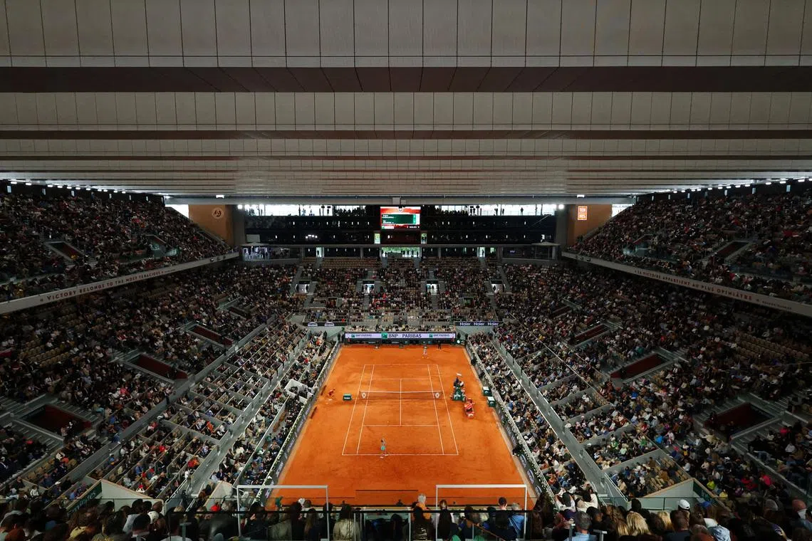 FILE PHOTO: Tennis - French Open - Roland Garros, Paris, France - June 5, 2025 General view inside the Philippe-Chatrier court during the semi final match between Belarus' Aryna Sabalenka and Poland's Iga Swiatek REUTERS/Denis Balibouse/File photo