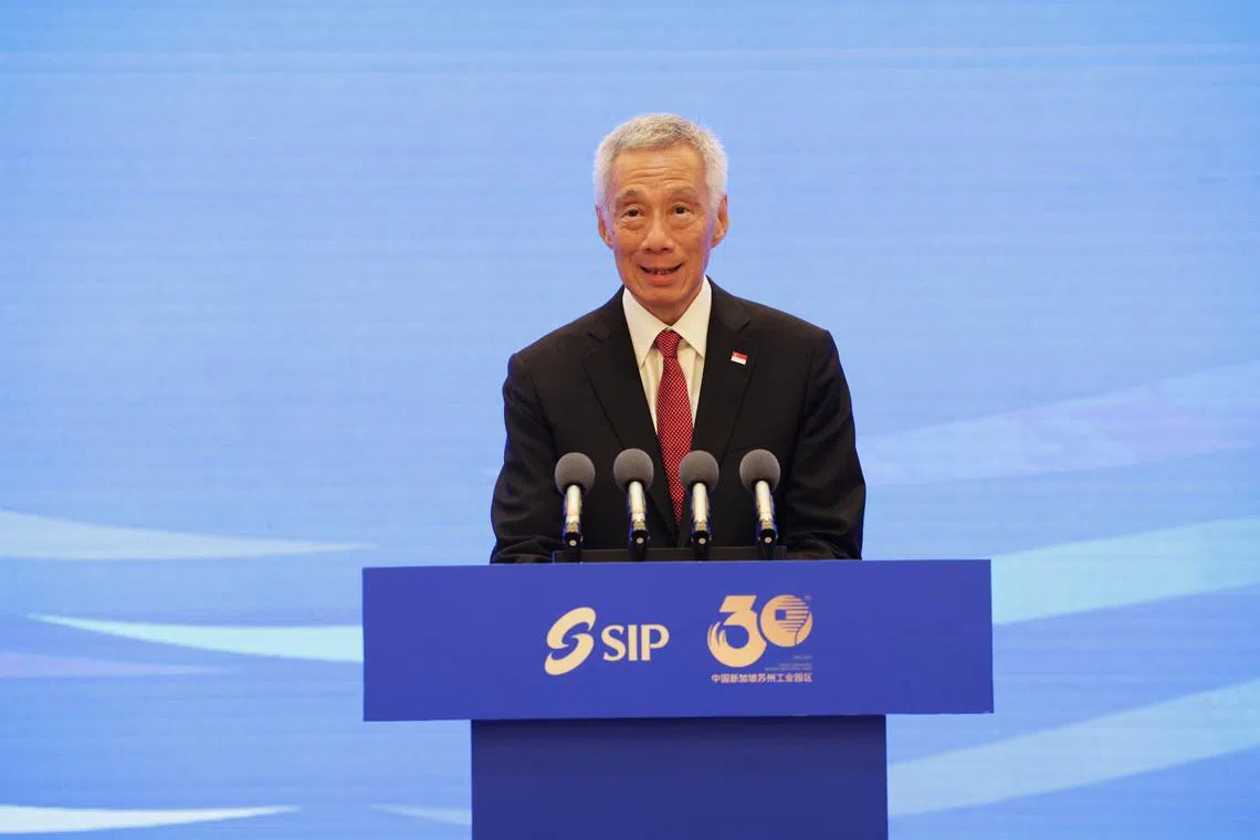Senior Minister Lee Hsien Loong speaking at the 30th anniversary of the China-Singapore Suzhou Industrial Park in Suzhou on Nov 25.