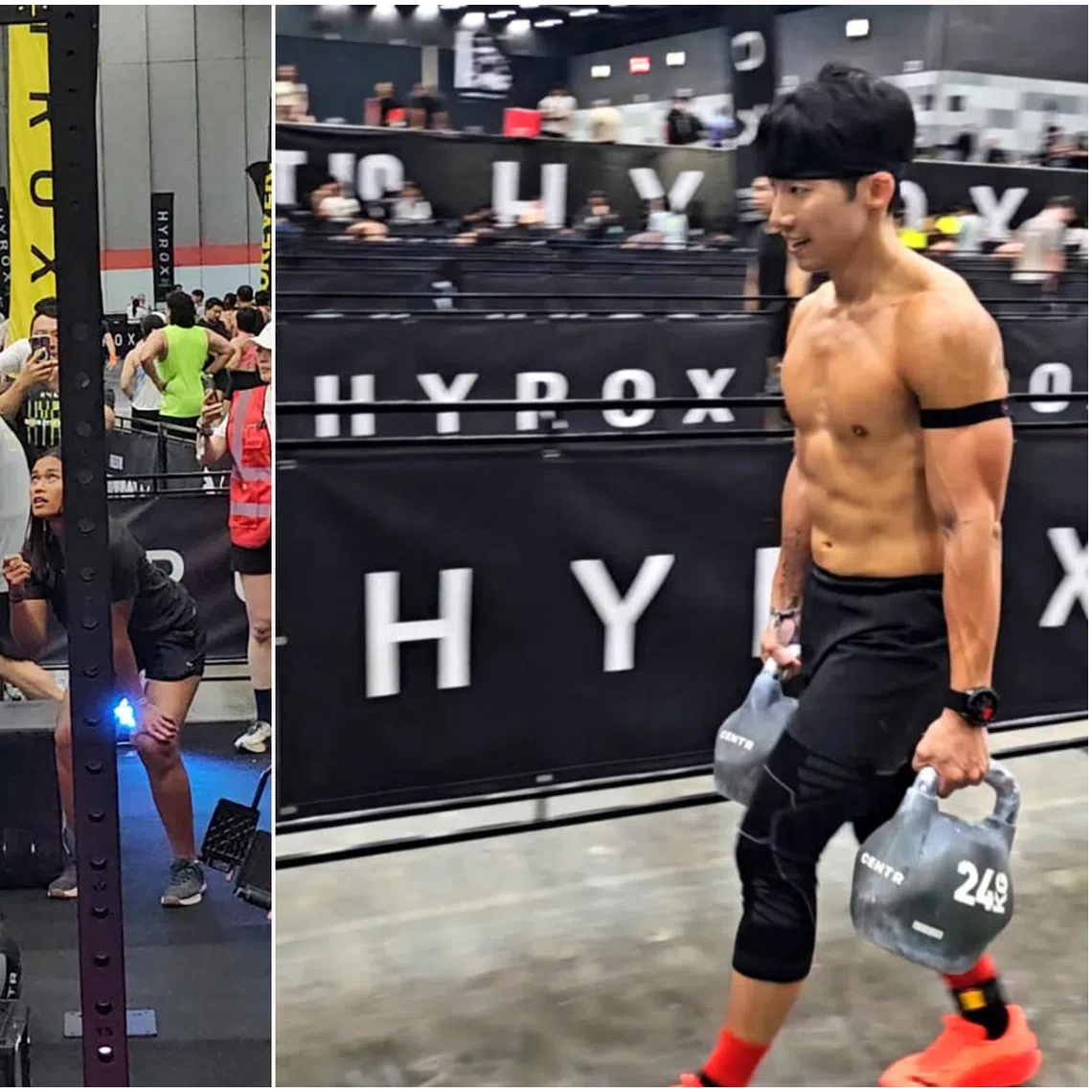 Ms Kamilah Tohar (left) completing Hyrox Bangkok in May with the help of partner Sam Chong, and Mr Edward Soon (right) at the Hyrox race in Bangkok in April 2025.