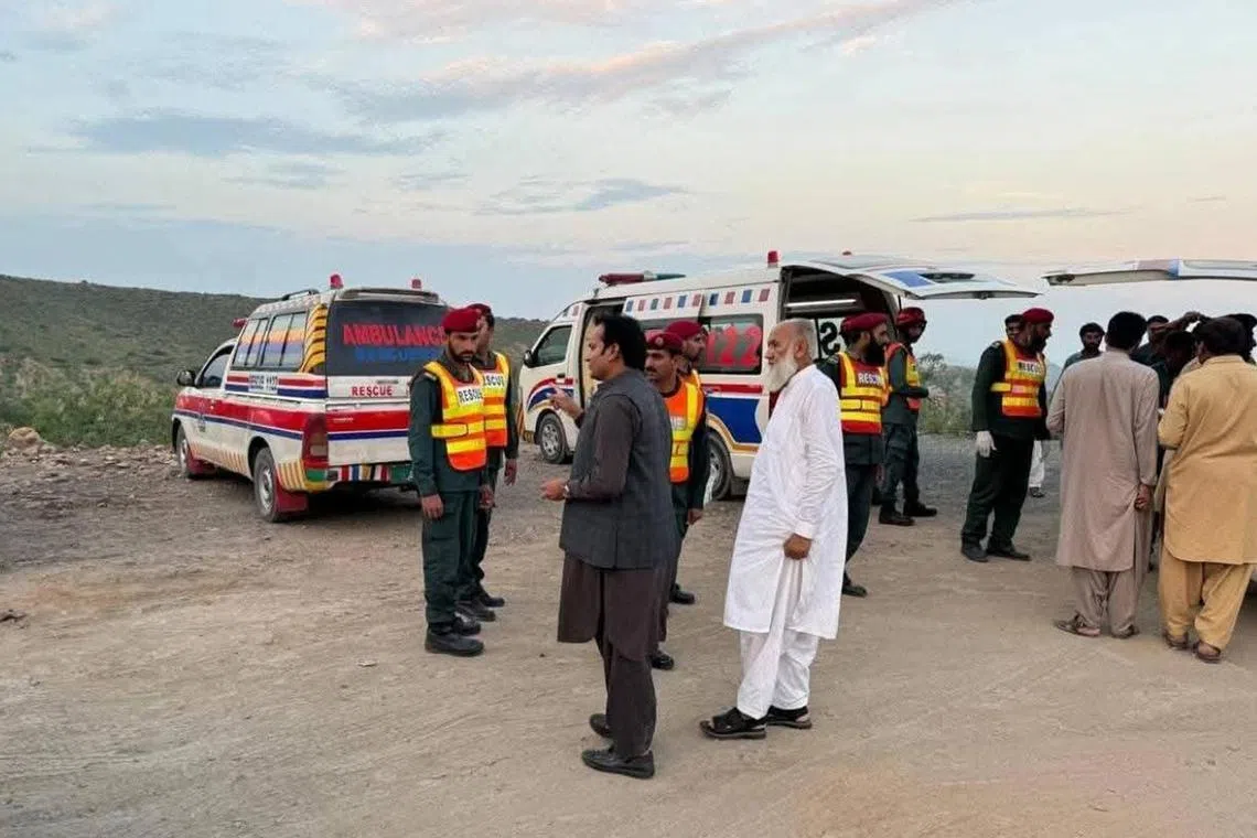 An ambulance near the attack site in Pakistan's southwestern province of Balochistan on July 11.